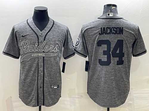 Men%27s Las Vegas Raiders #34 Bo Jackson Gray With Patch Cool Base Stitched Baseball Jersey->las vegas raiders->NFL Jersey